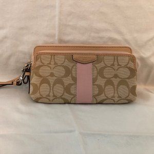 Coach Tan Signature Wristlet Purse with Pink